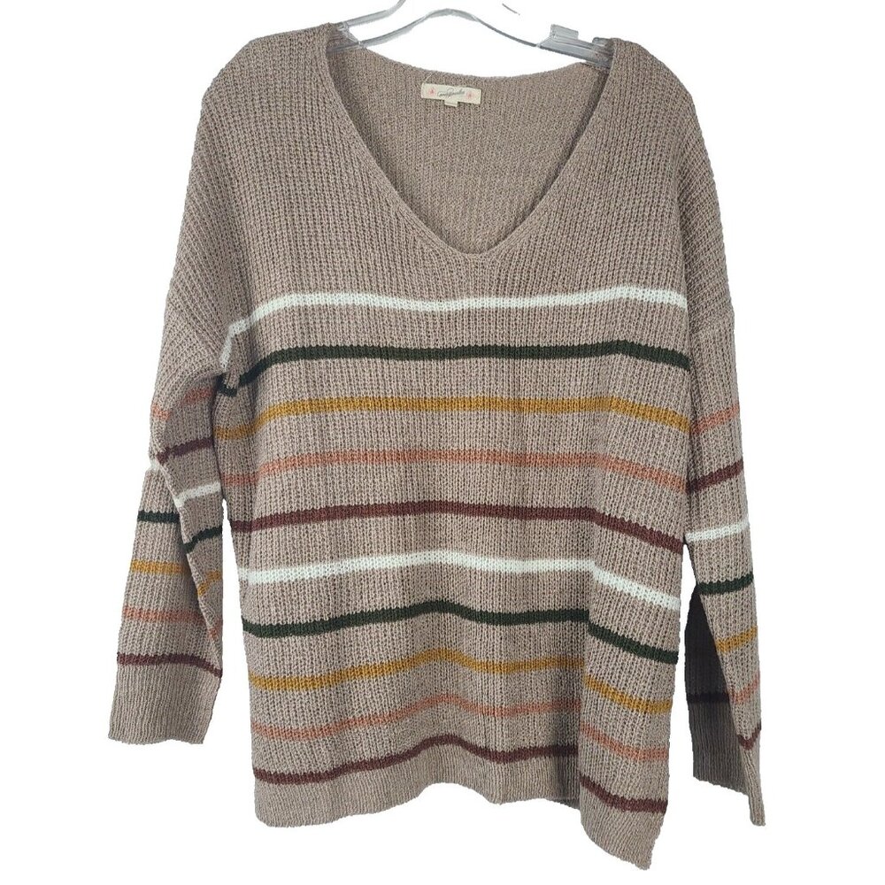 Magnolia Womens Sweater Small Beige Striped V Neck Long Sleeve‎ Pullover BOHO